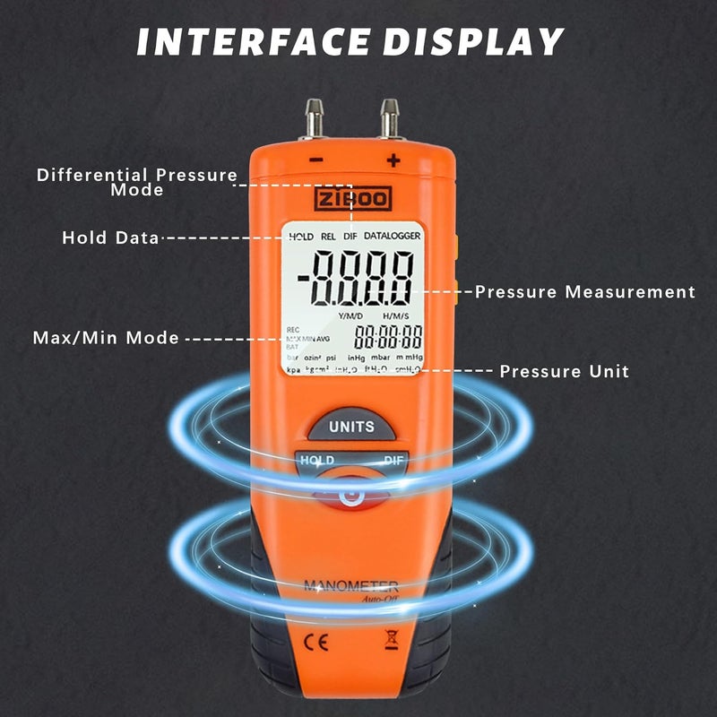 ZIBOO ET1013 Digital Manometer, Air and Gas Pressure Tester, Differential Dual Port Pressure Gauge, Large LCD Display with Backlight,HVAC Gas Pressure Tester - Image 3